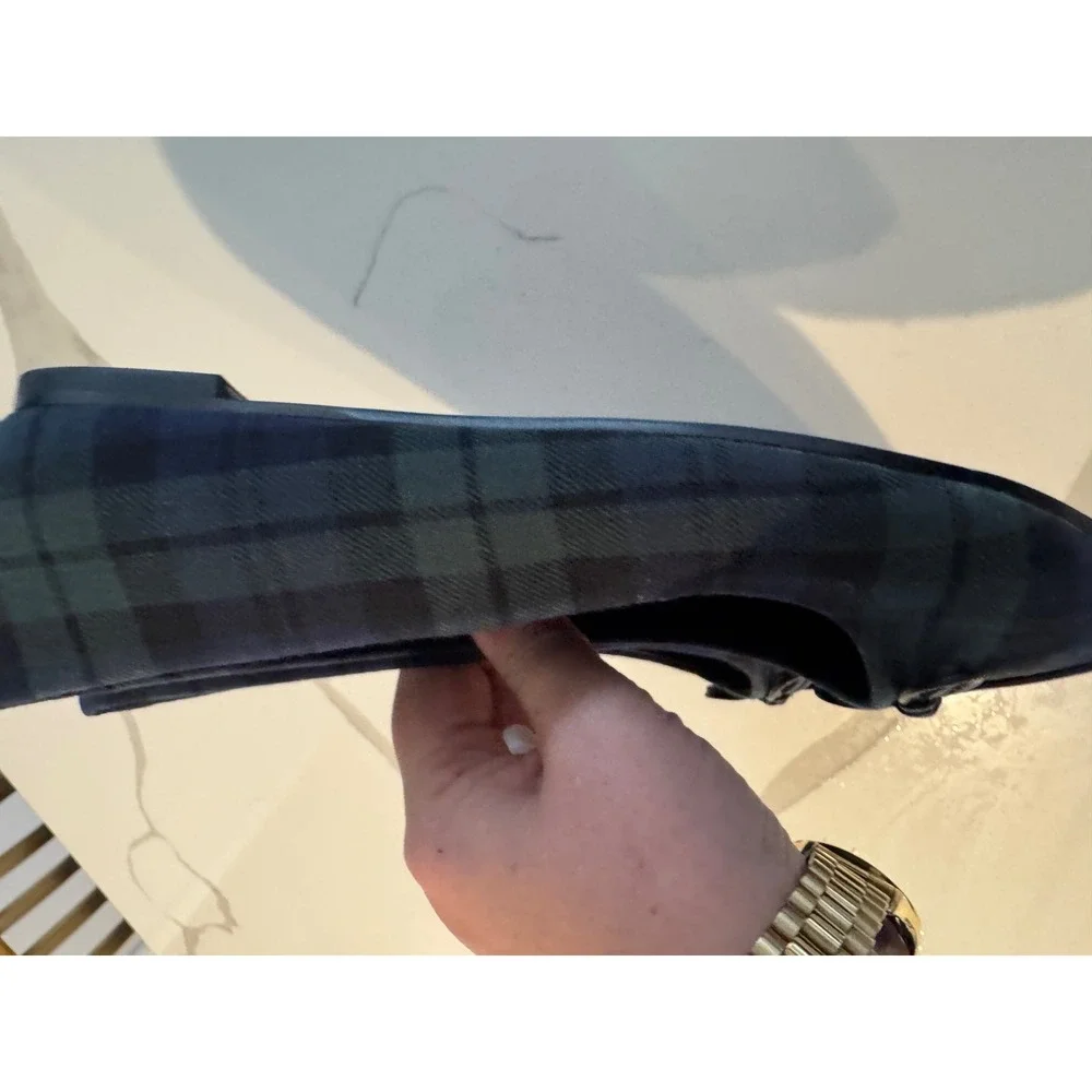 J.Crew‎ Women Black Watch Plaid Pointed Toe Ballet Flats Blue Green Bow 7.5 M